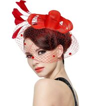 Red Fascinator Hat with Mesh Veil &amp; Feathers – Vintage Tea Party - $18.81 CAD