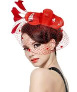 Red Fascinator Hat with Mesh Veil &amp; Feathers – Vintage Tea Party - $18.81 CAD