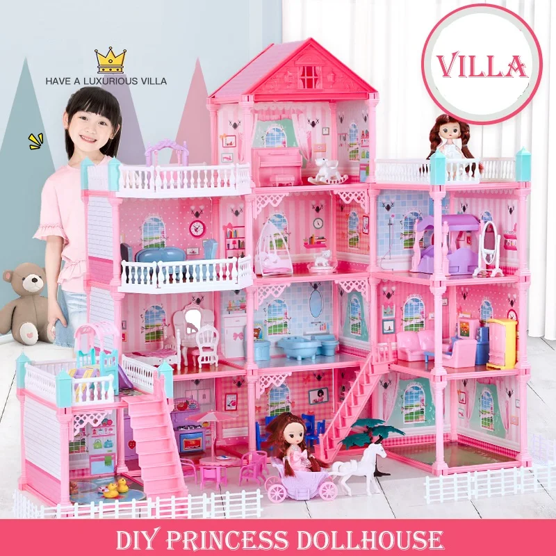 Princess Villa Diy Doll House Pink Castle Game Room With Doll Kit Assembly Doll - £63.47 GBP+