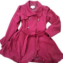 Xhiliration Belted Double-Breasted Burgundy Coat with Ruffle Hem - $21.23