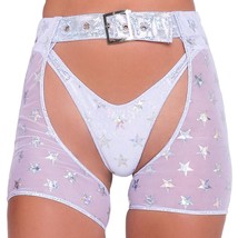 Hologram Star Print Chaps Shorts High Waisted Buckle Closure White Silve... - £33.41 GBP