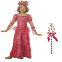Girls Princess Halloween Pink Long Dress, Crown &amp; Wand 3 Pc Costume-size 8/10 - £15.58 GBP