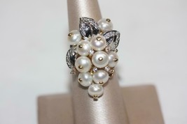Fine 14K Yellow White Gold White Pearls Clear Stone Cluster Grape Vine Ring Sz 7 - £519.14 GBP