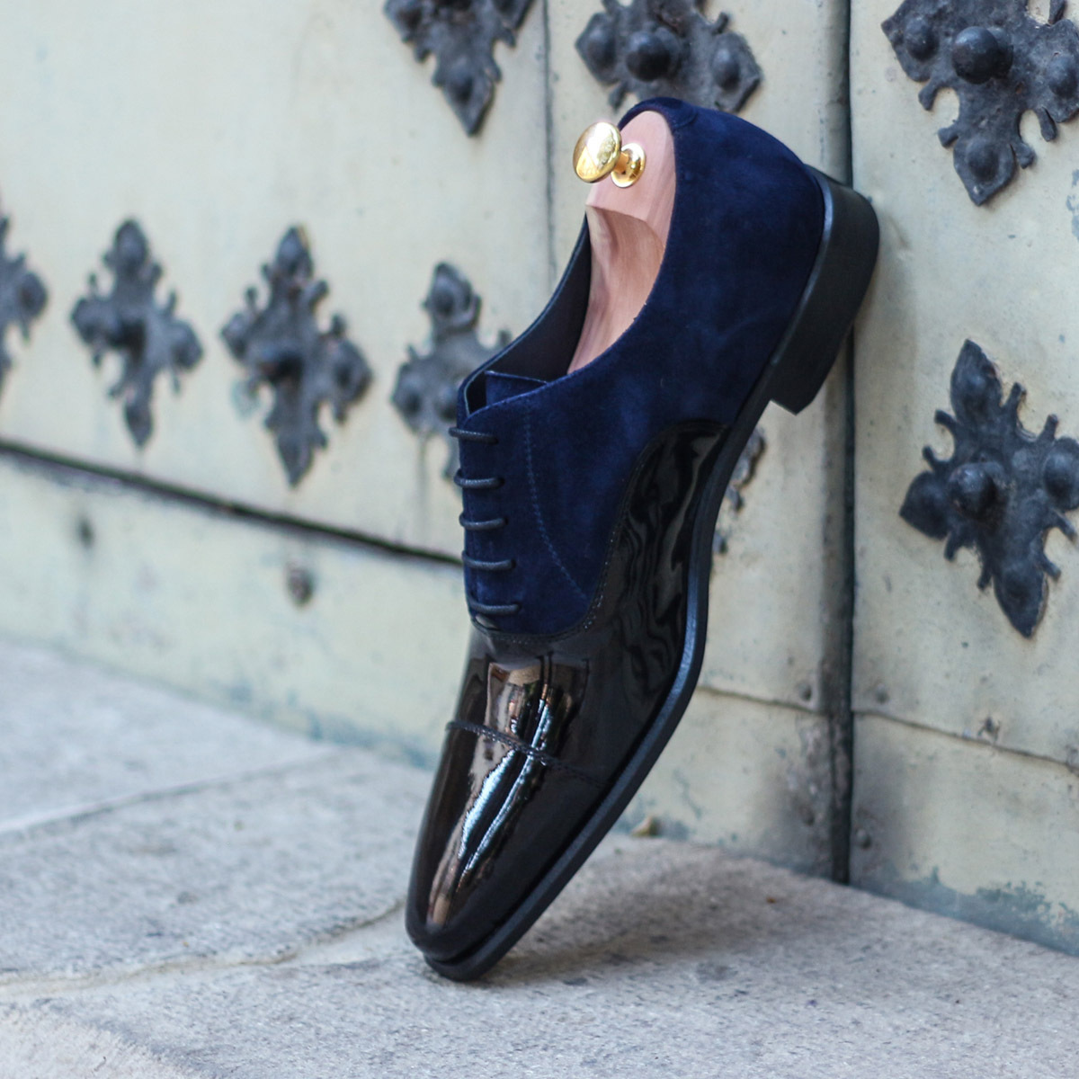 Two Tone Oxford Shiny Black Blue Suede Handmade Leather Spectator Laceup Shoes
