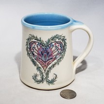 Great Bay Pottery Heart Motif Cream Turquoise Mug 12 oz Handmade Made USA - $16.95