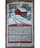 1974 Calendar Tea Towel Linen Red Covered Bridge Winter Scene Country Fa... - €18,79 EUR