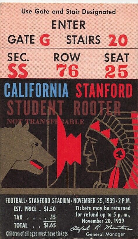 Primary image for 1938 Stanford Football Ticket Stub California VS Stanford Nov 25th 4x2.5 inches