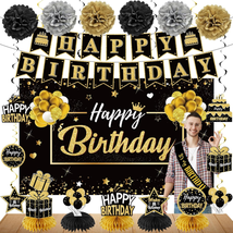 20Pcs Black and Gold Birthday Party Decorations Kit for Men Women, Happy... - £29.14 GBP