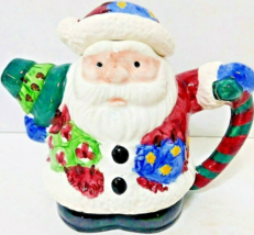 Christmas Santa Claus Teapot 5 1/2&quot; Tall x 6&quot; Painted Patchwork Quilt Style - $15.88