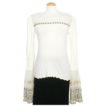 FREE PEOPLE Ivory High Tides Cotton Knit Embroidered Mesh Bell Cuffs Top L - £47.95 GBP