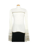 FREE PEOPLE Ivory High Tides Cotton Knit Embroidered Mesh Bell Cuffs Top L - £47.18 GBP