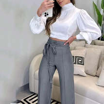 Women 2 pcs Long Sleeve Mock Neck Crop Top and Self Tie Loose Wide Leg Pant Outf - £27.97 GBP