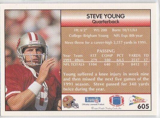 1992 Pacific Football Trading Card San Francisco 49ers Steve Young #605 Item image 2