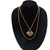 Crown Trifari Necklace Goldtone Doubled Strand Pendant Art Deco Estate Vintage - £39.81 GBP