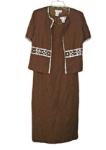 Coldwater Creek Linen Dress Suit and Jacket Brown Womens Sz 6 MOP Embellishments - £19.27 GBP