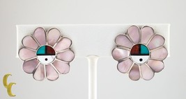 Sterling Silver Mother-of-Pearl Lapidary Inlay Flower Clip-On Earrings - £232.33 GBP