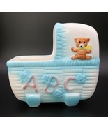 Vintage Nancy Pew ceramic baby carriage planter blue &amp; white with teddy ... - $34.17 CAD