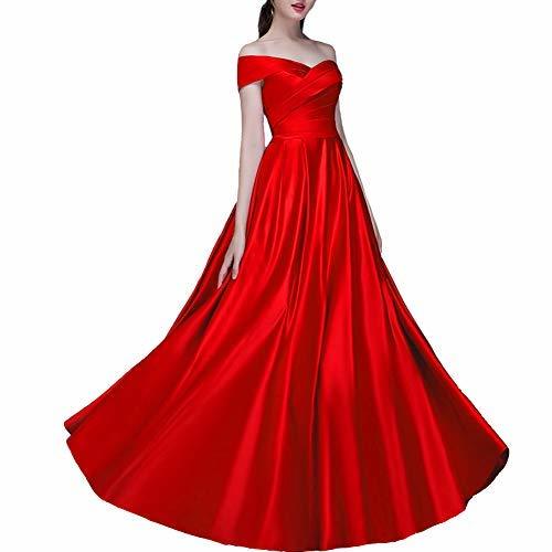 Kivary Formal Pleats Off The Shoulder Long Corset Satin Prom Evening Dresses Red