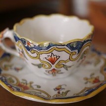 Antique Quimper Rouen French Faience Pottery “Loches” Floral Tea Cup w/ ... - £159.86 GBP