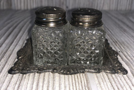 Vintage Diamond Shape Glass and Metal Mini Salt Pepper Shakers W/Metal Tray 3&quot; - £8.35 GBP