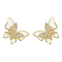 TrustDavis Real 925 Silver 18K Gold Butterfly Shiny CZ Stud Earrings For Women W - £16.84 GBP