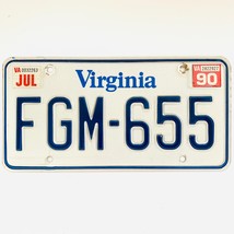 1990 United States Virginia Base Passenger License Plate FGM-655 - $263.65 MXN
