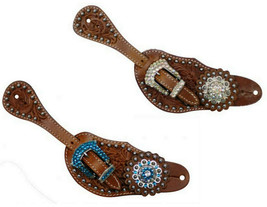 Western Horse Bling! Medium Brown Leather Spur Straps w/ Crystal Rhinest... - £20.38 GBP