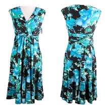 Jones Studio Dress Blue Green Floral 8 V-Neck Sleeveless Side Zip New - $36.00