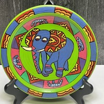 Colorful Signed Hand Painted South African Pottery Plate Elephant 8&quot; Folk Art - £19.85 GBP