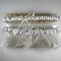 Wedding White Bridal Garter Set Satin Flower Organza Rhinestone Vintage ... - $18.35