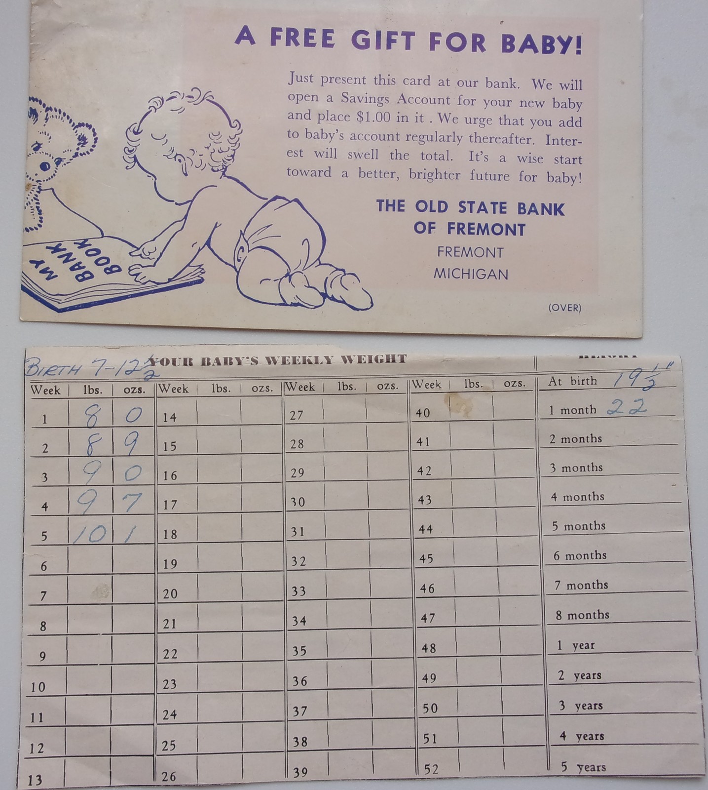 Vintage Old State Bank of Fremont MI Gift For Baby Card &amp; Weight Chart - $1.99