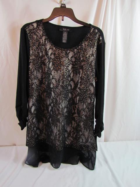NWT Style Co. Lace High-Low Top Long Sleeve Deep Black Metallic S Org $5... - $5.69