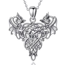 Sterling Silver Two Dragon Pendant Necklace Vintage Oxidized Silver Celtic Drago - £21.90 GBP