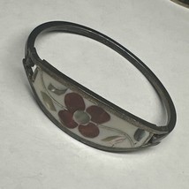 Silver MOP Hinged Floral Bangle Bracelet Pink Floral Mother of Pearl Cla... - $44.80 CAD