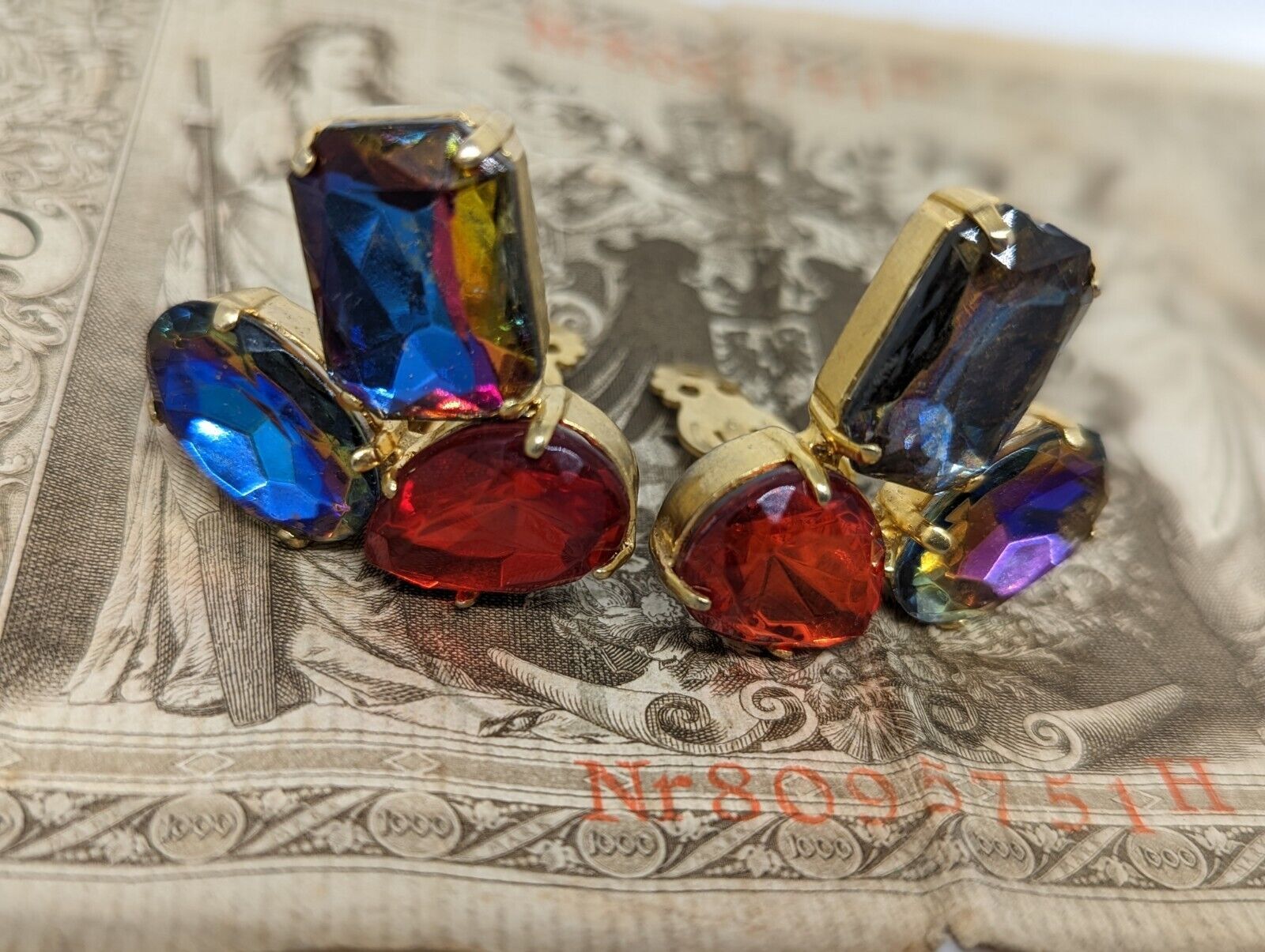 Vintage 80s Glam Multicolor prong set Rhinestone Clip On Earrings  Runway - $22.77