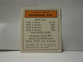 1985 Monopoly Board Game Piece: Tennessee Ave Title Deed - $0.75