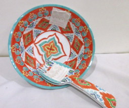 3 pc Boho Living Orange Aqua Melamine Large Salad Bowl With Serving Spoo... - $34.64