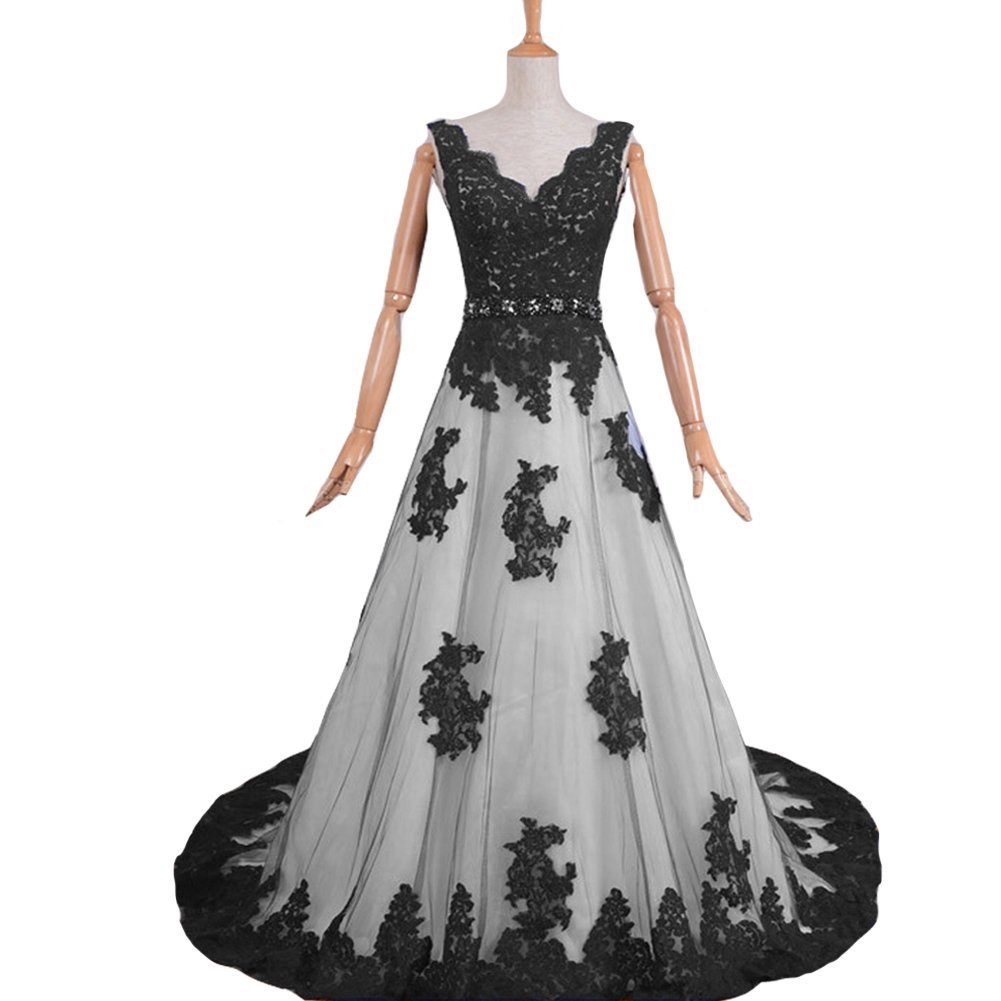 Kivary V Neck A Line White Corset Lace Beaded Long Formal Prom Evening Dresses B