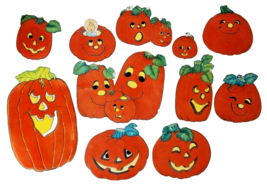 Vintage Halloween Pumpkins Decorations Die Cut Flocked Jack O Lanterns L... - $632.93 MXN