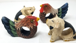 Rooster Pig Napkin Holders Cock Swine Wood Handmade Large Set of 4 Imperfect - £15.11 GBP