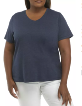 Kim Rogers 2X Perfectly Soft Cotton Blend V Neck S/S Top Heth Navy - £13.13 GBP