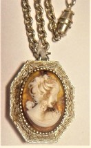 Vintage Luzier Cameo Solid Perfume Locket Gold tone Pendant 22&quot; Chain - £18.64 GBP