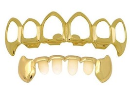 Custom Fit Upper Open Face 14K Gold Plated Fangs Grillz + Lower Bridge Fangs Set - £11.84 GBP