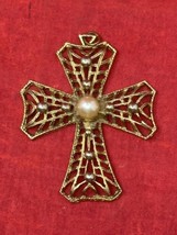 2.5” Boho Metal Cross Pendant for a Necklace with Pearl Center Jewelry Gold Tone - £7.86 GBP