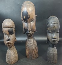 (3) VTG Keyna African Ebony Wood Hand Carved Sculpture Tribal Females, 13&quot; Tall - £101.23 GBP