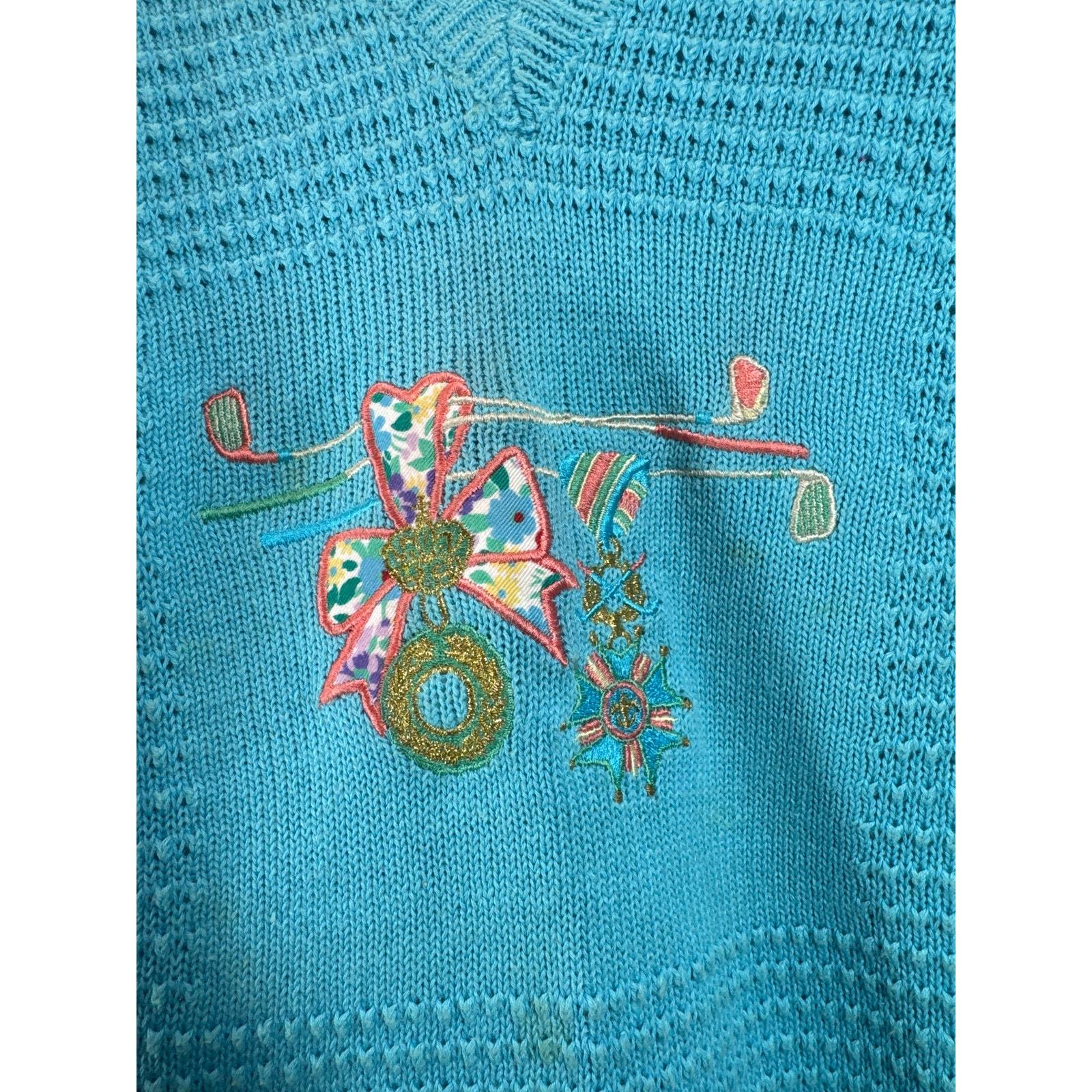 Vintage LL Sport Blue Turquoise Jumper Floral Embroidery Hand Loomed Size Small Item image 3