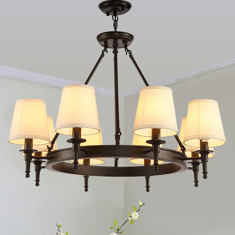 American Country Led Chandelier Fabric Lampshade Wrought Iron Lustre Bed... - $291.67+
