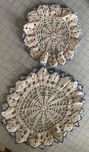 Vintage Hand Crocheted Blue Trim Doilies Set of 2 #1b - $13.94
