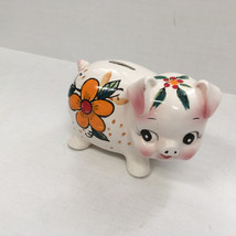 vintage ceramic cute little piggy with painted flowers piggy bank made i... - $19.75