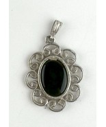 Vintage Sarah Silver Tone Decorative Oval Shaped Pendant with Black Stone - $4.00